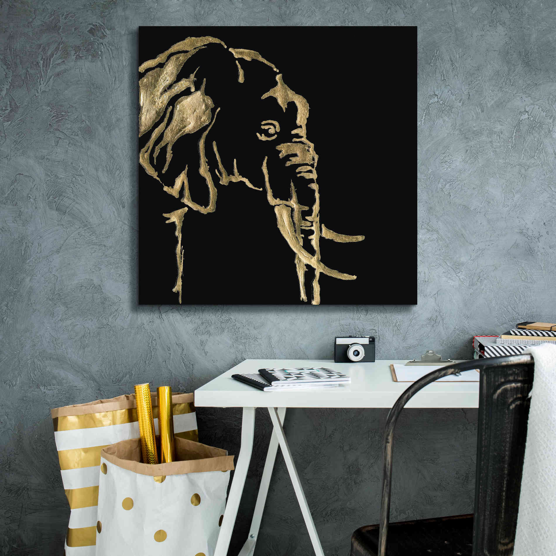 'Gilded Elephant on Black Pillow' by Chris Paschke, Canvas Wall Art,26 x 26