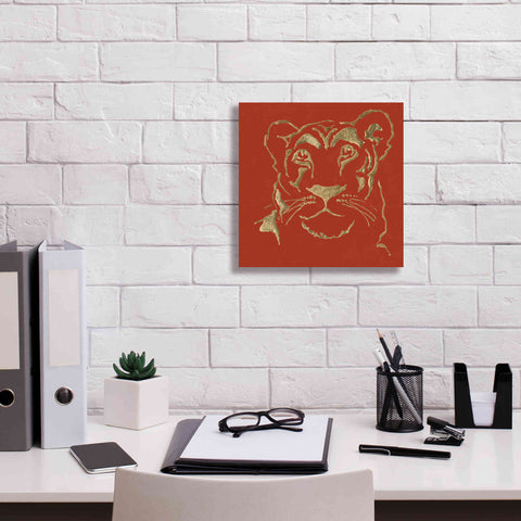 Image of 'Gilded Lioness on Red Pillow' by Chris Paschke, Canvas Wall Art,12 x 12