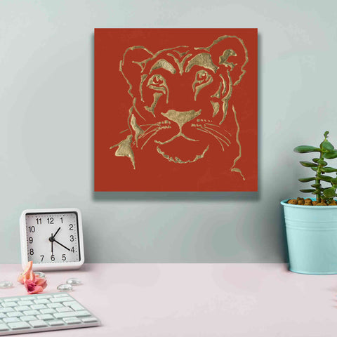 Image of 'Gilded Lioness on Red Pillow' by Chris Paschke, Canvas Wall Art,12 x 12