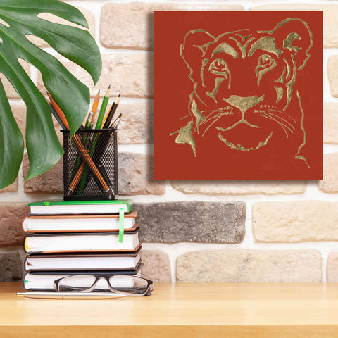 Image of 'Gilded Lioness on Red Pillow' by Chris Paschke, Canvas Wall Art,12 x 12