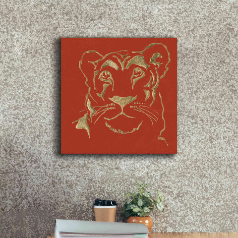 Image of 'Gilded Lioness on Red Pillow' by Chris Paschke, Canvas Wall Art,18 x 18
