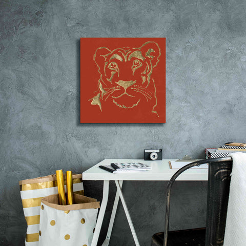 Image of 'Gilded Lioness on Red Pillow' by Chris Paschke, Canvas Wall Art,18 x 18