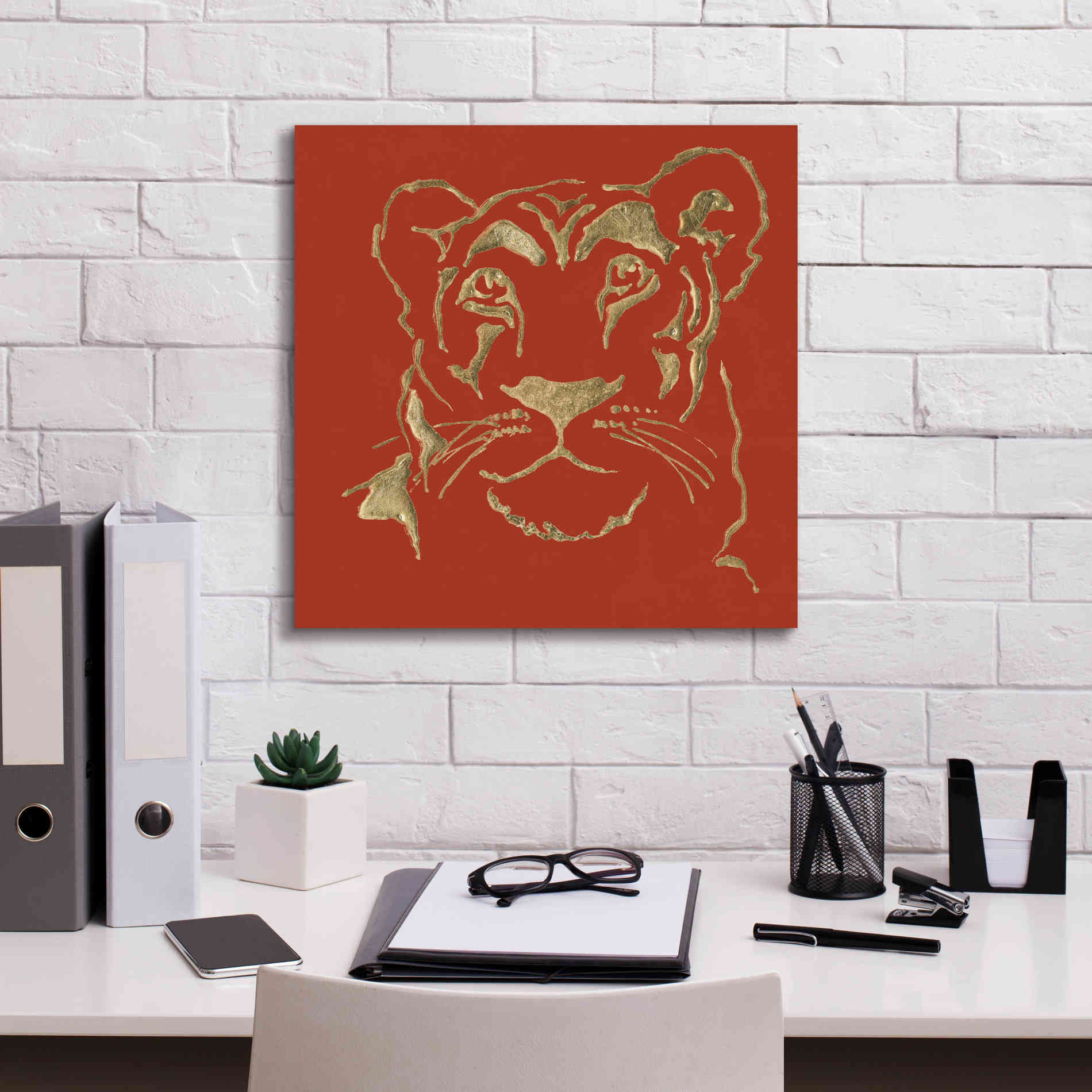 'Gilded Lioness on Red Pillow' by Chris Paschke, Canvas Wall Art,18 x 18