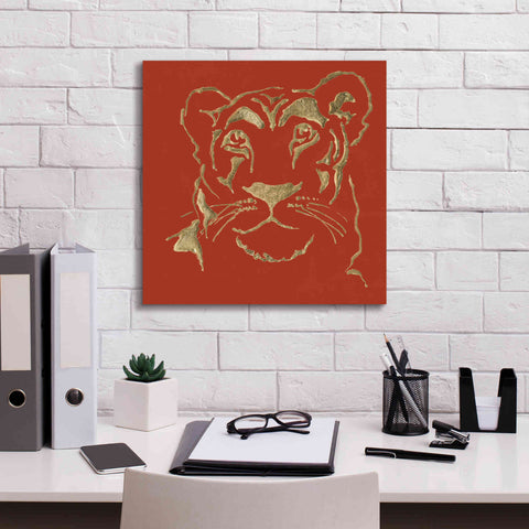 Image of 'Gilded Lioness on Red Pillow' by Chris Paschke, Canvas Wall Art,18 x 18