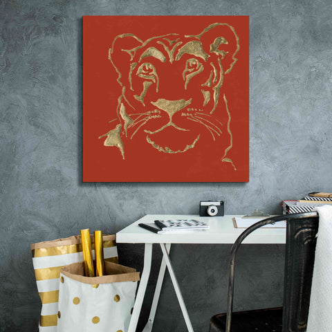 Image of 'Gilded Lioness on Red Pillow' by Chris Paschke, Canvas Wall Art,26 x 26