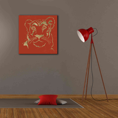 Image of 'Gilded Lioness on Red Pillow' by Chris Paschke, Canvas Wall Art,26 x 26