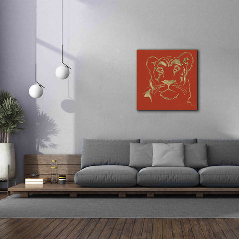 Image of 'Gilded Lioness on Red Pillow' by Chris Paschke, Canvas Wall Art,37 x 37