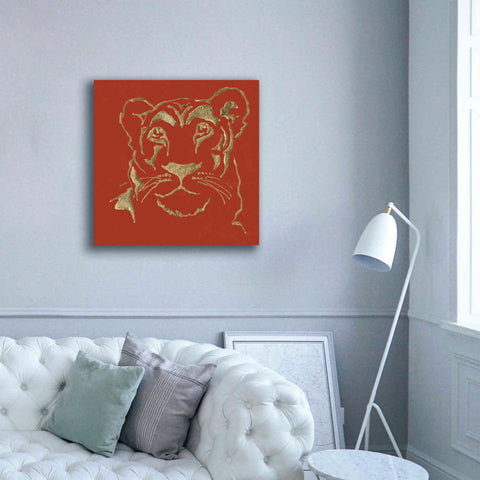 Image of 'Gilded Lioness on Red Pillow' by Chris Paschke, Canvas Wall Art,37 x 37