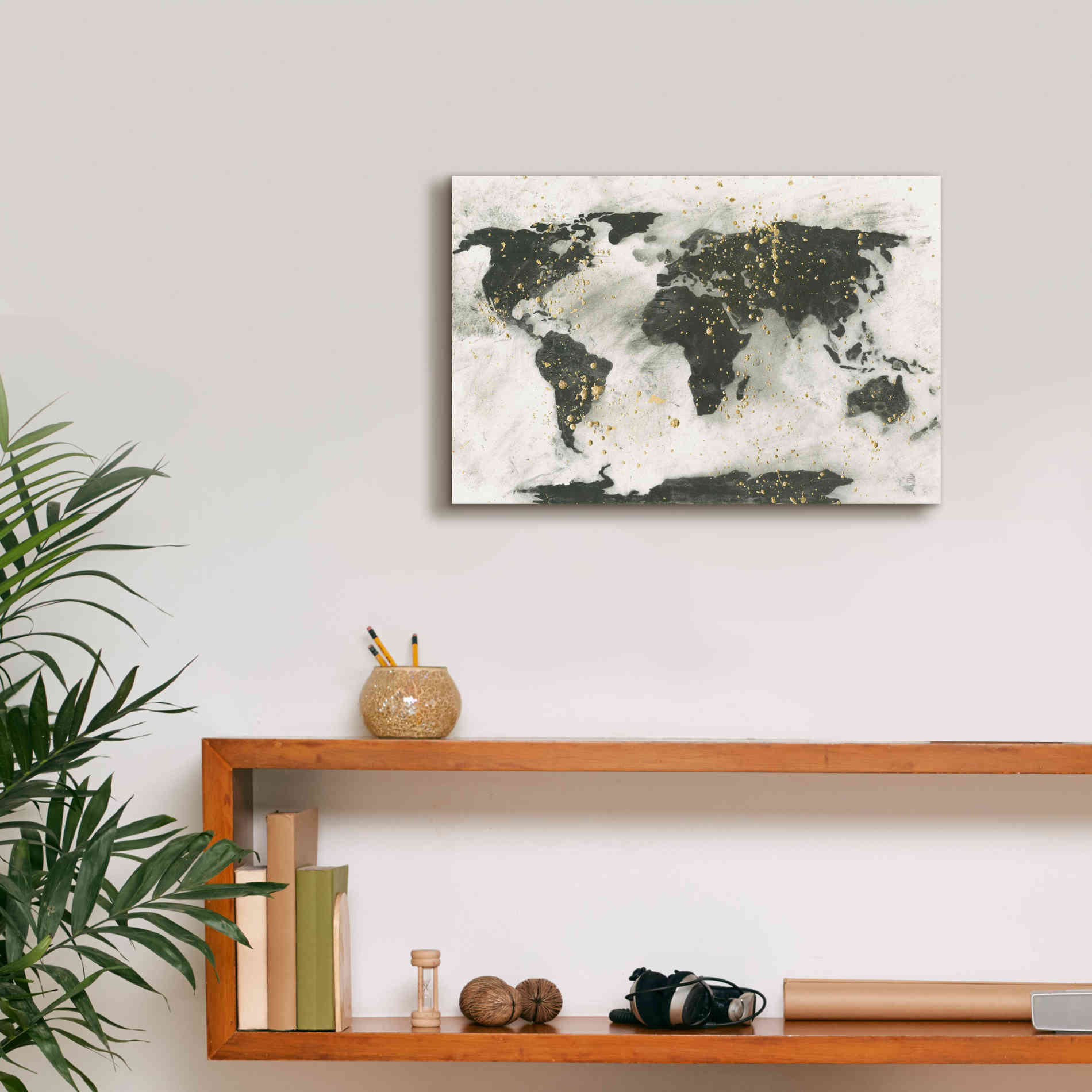 'World Map Gold Speckle' by Chris Paschke, Giclee Canvas Wall Art,18 x 12