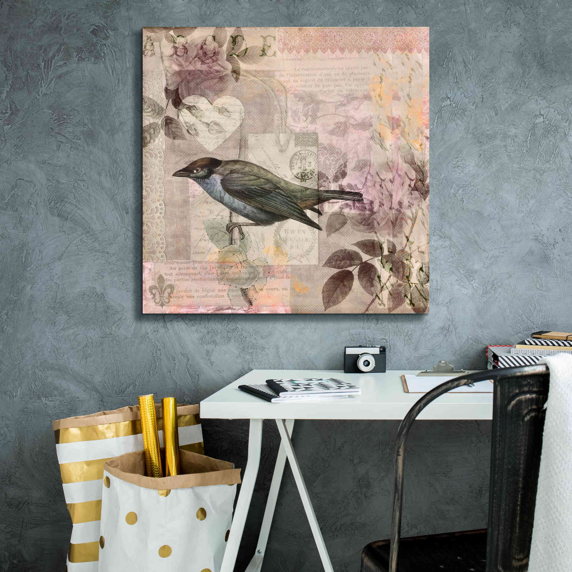'Nostalgic Bird Collage' by Andrea Haase Giclee Canvas Wall Art,26 x 26
