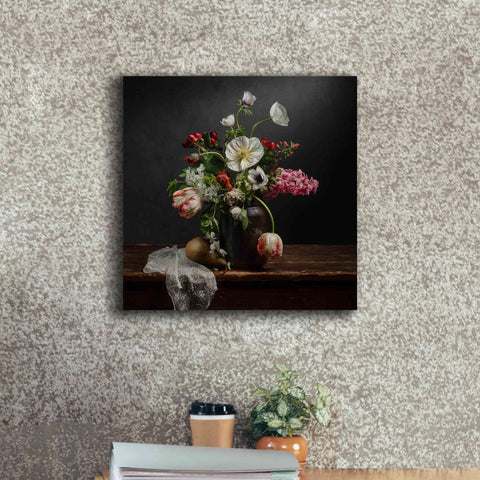 Image of 'Pear And Parrot Tulip Still Life' by Leah McLean Giclee Canvas Wall Art,18 x 18