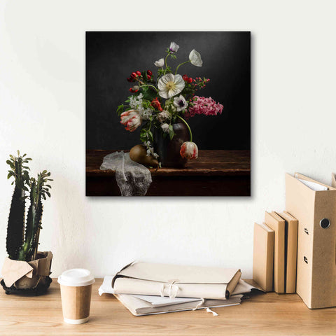 Image of 'Pear And Parrot Tulip Still Life' by Leah McLean Giclee Canvas Wall Art,18 x 18