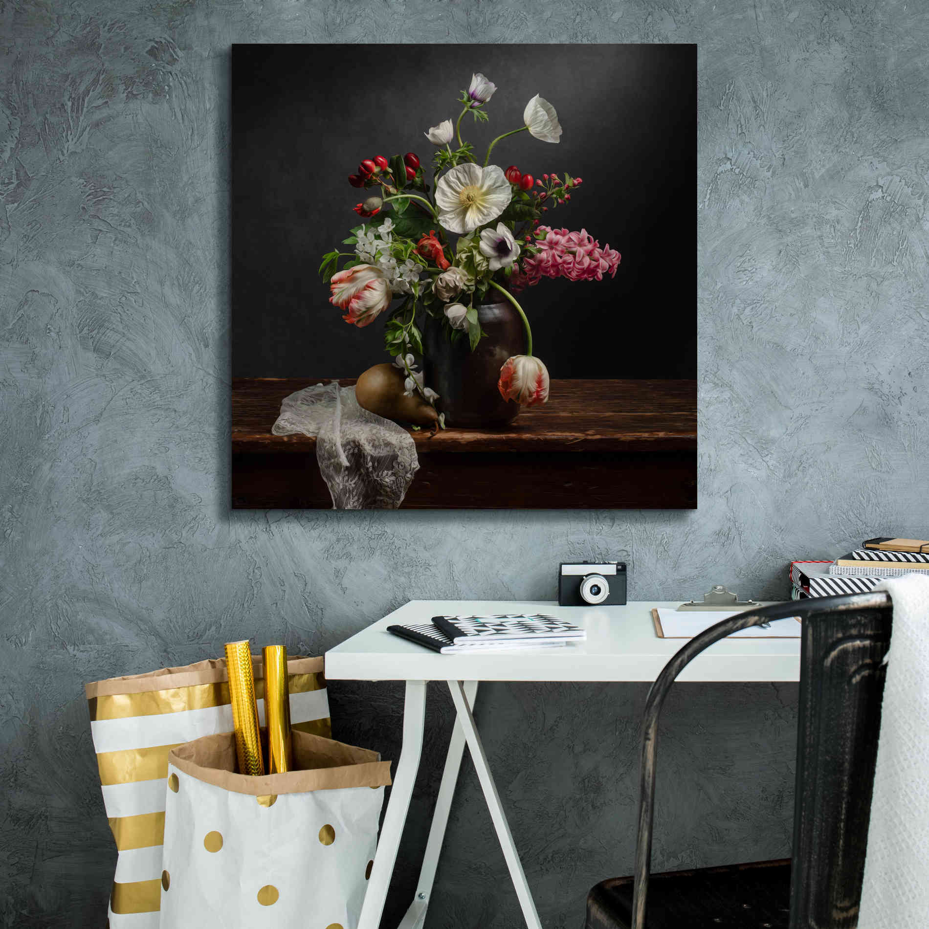 'Pear And Parrot Tulip Still Life' by Leah McLean Giclee Canvas Wall Art,26 x 26