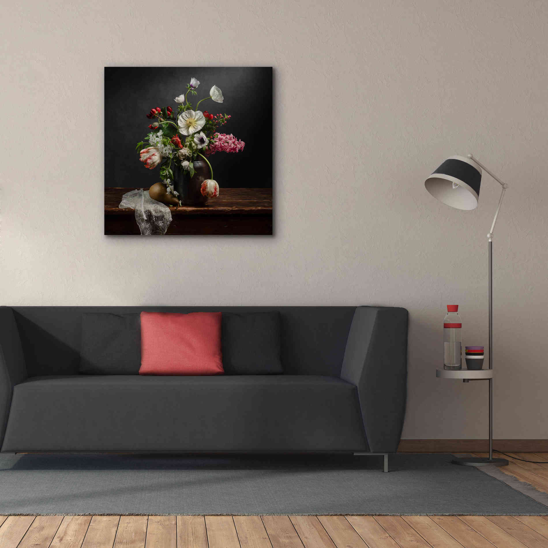 'Pear And Parrot Tulip Still Life' by Leah McLean Giclee Canvas Wall Art,37 x 37