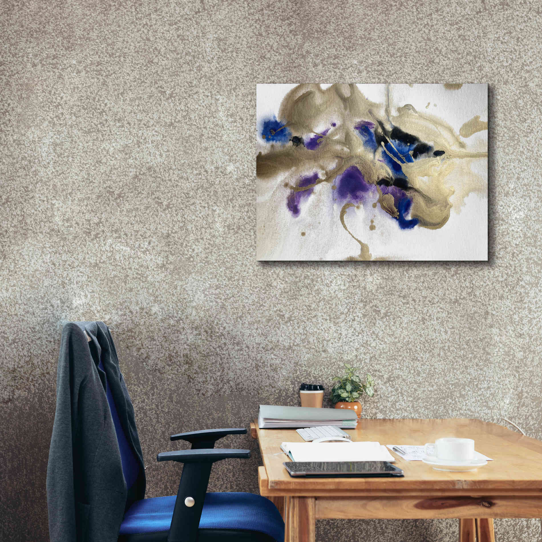 'Gold In Blue Watercolor Abstract 2' by Irena Orlov Giclee Canvas Wall Art,34 x 26