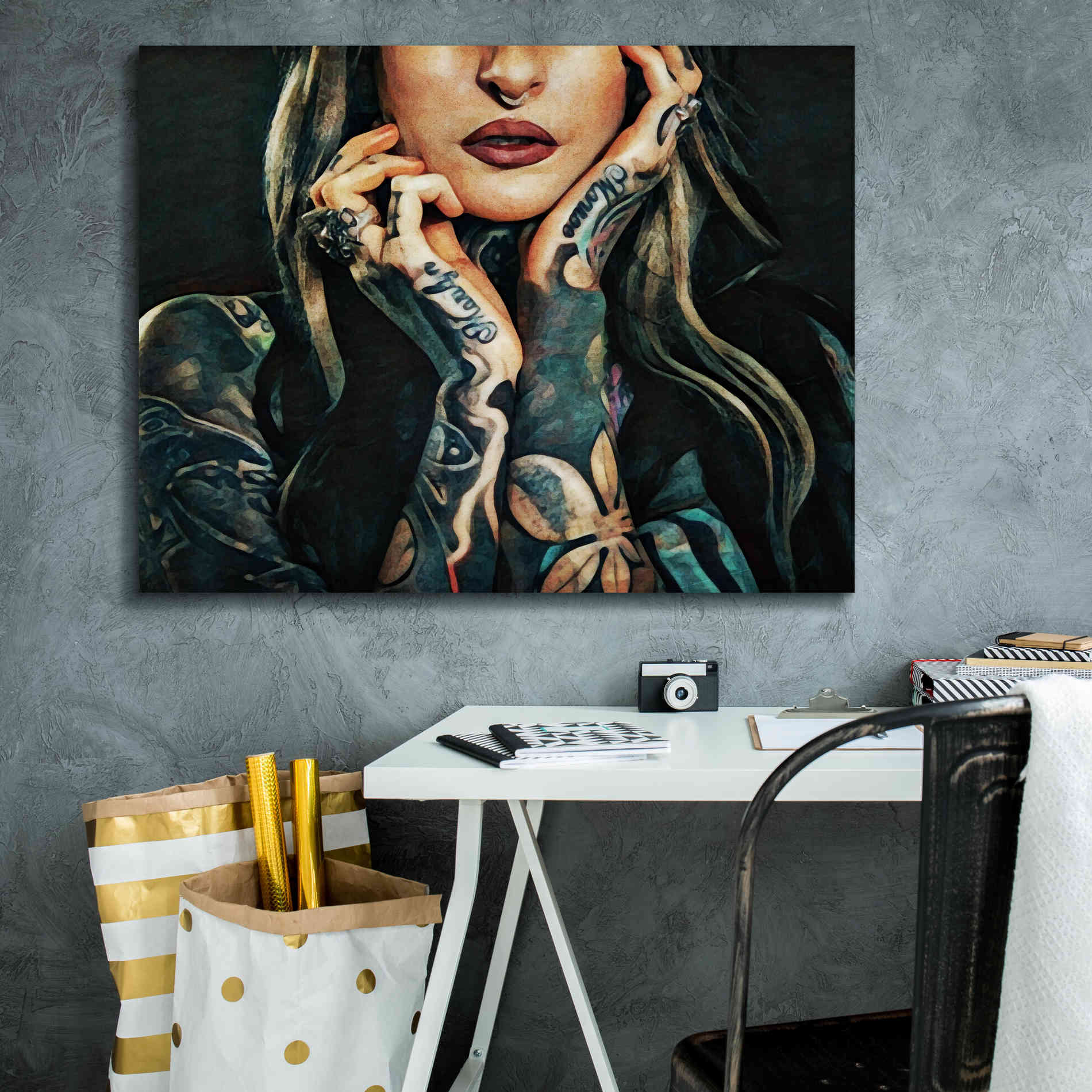 'Tattooed Temptress' by Ashley Aldridge Giclee Canvas Wall Art,34 x 26