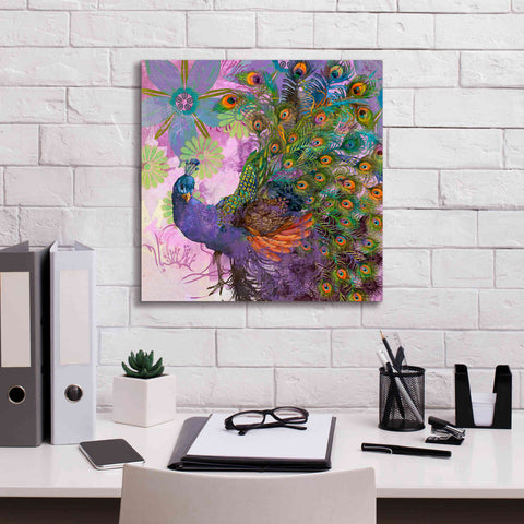 Image of 'Peacock Prance' by Evelia Designs Giclee Canvas Wall Art,18 x 18