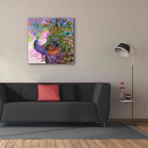 Image of 'Peacock Prance' by Evelia Designs Giclee Canvas Wall Art,37 x 37