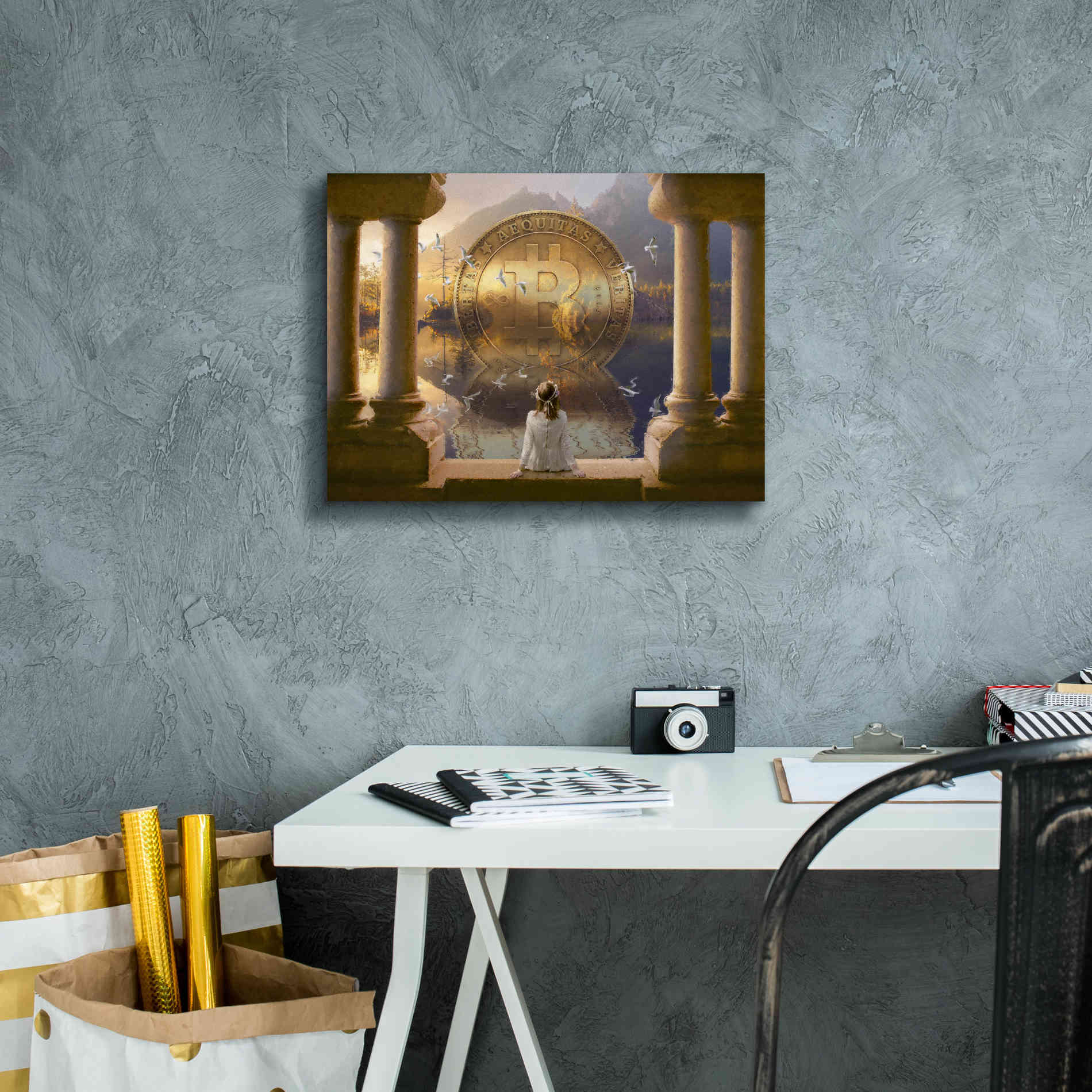 'Bitcoin Deco Three' by Steve Hunziker Giclee Canvas Wall Art,16 x 12