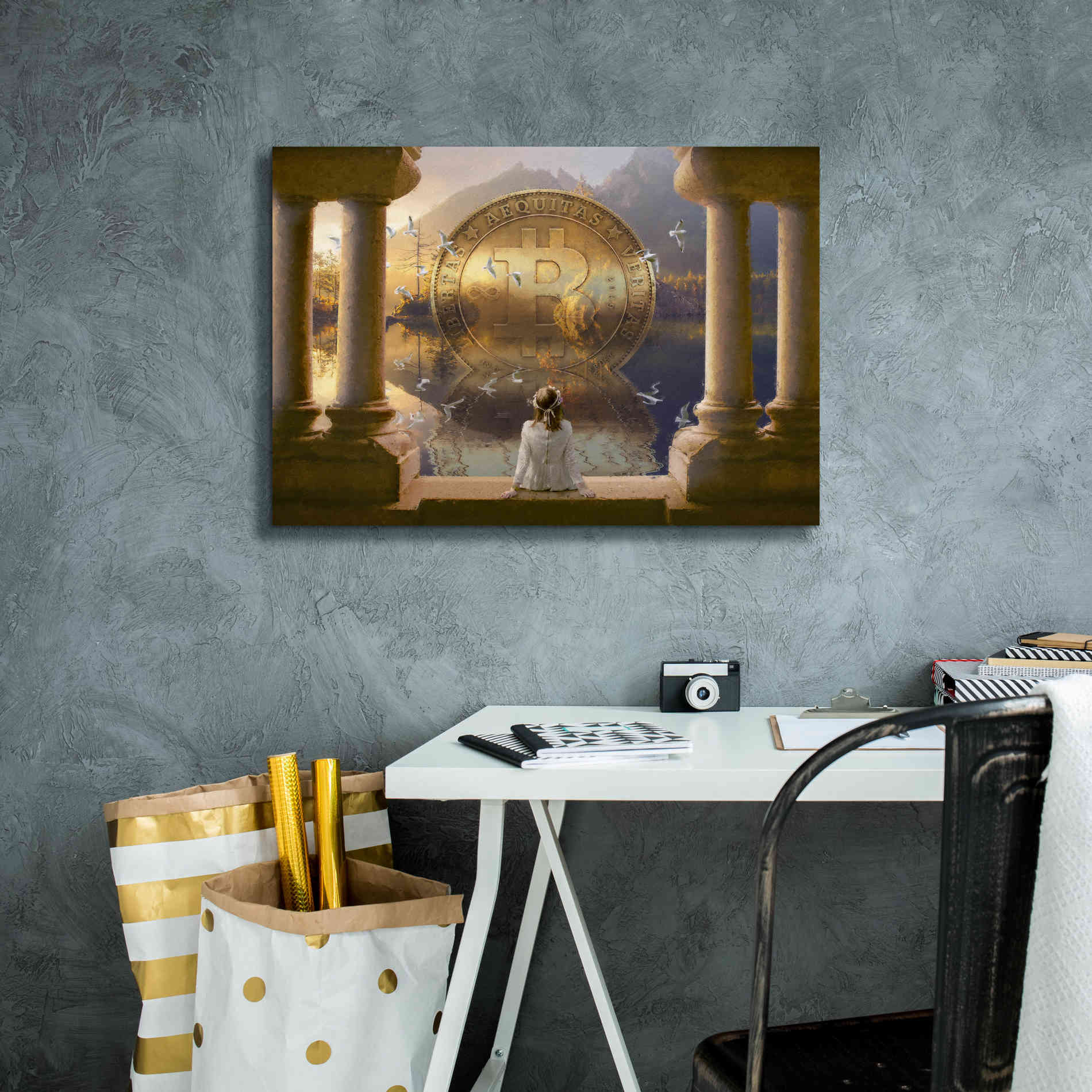 'Bitcoin Deco Three' by Steve Hunziker Giclee Canvas Wall Art,26 x 18