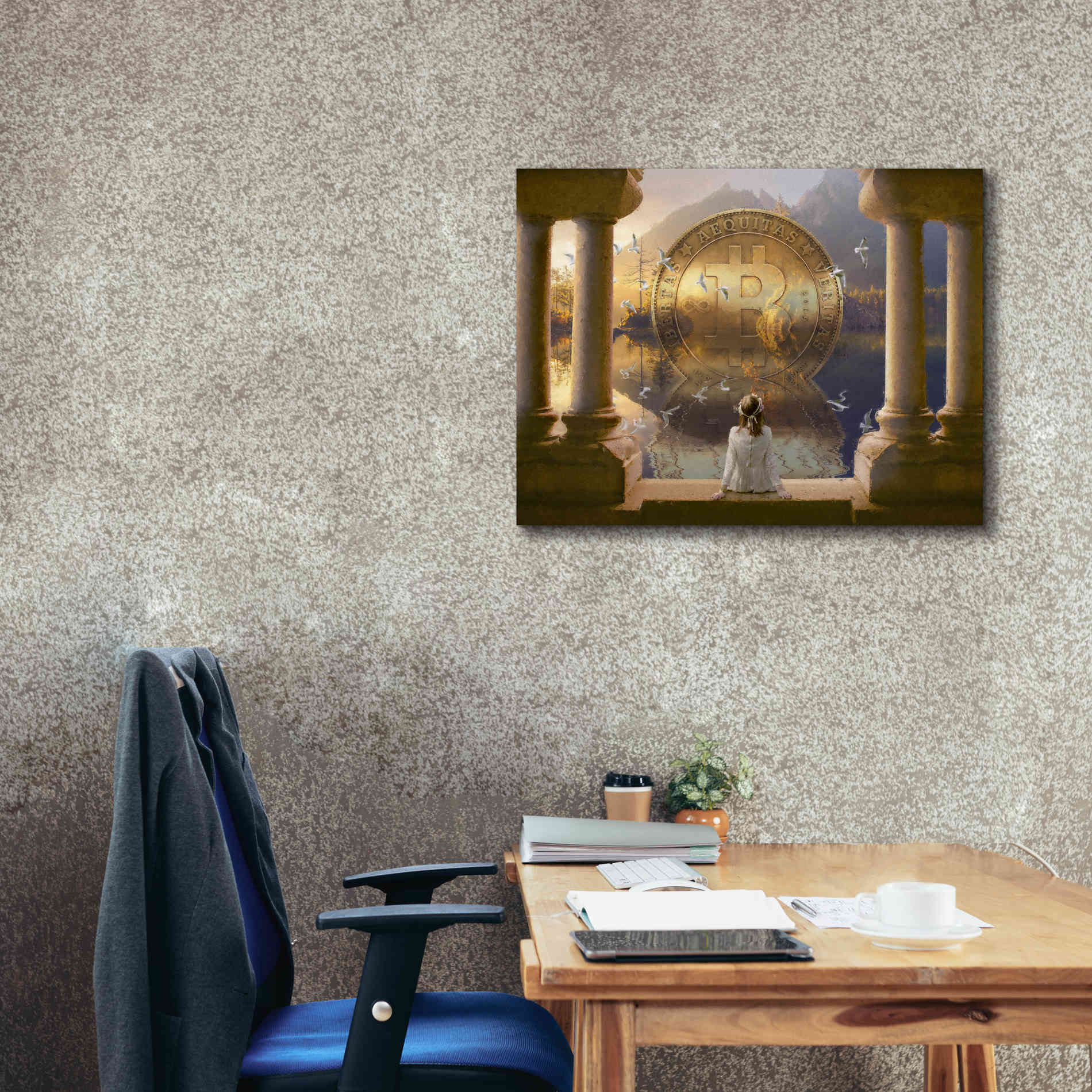 'Bitcoin Deco Three' by Steve Hunziker Giclee Canvas Wall Art,34 x 26