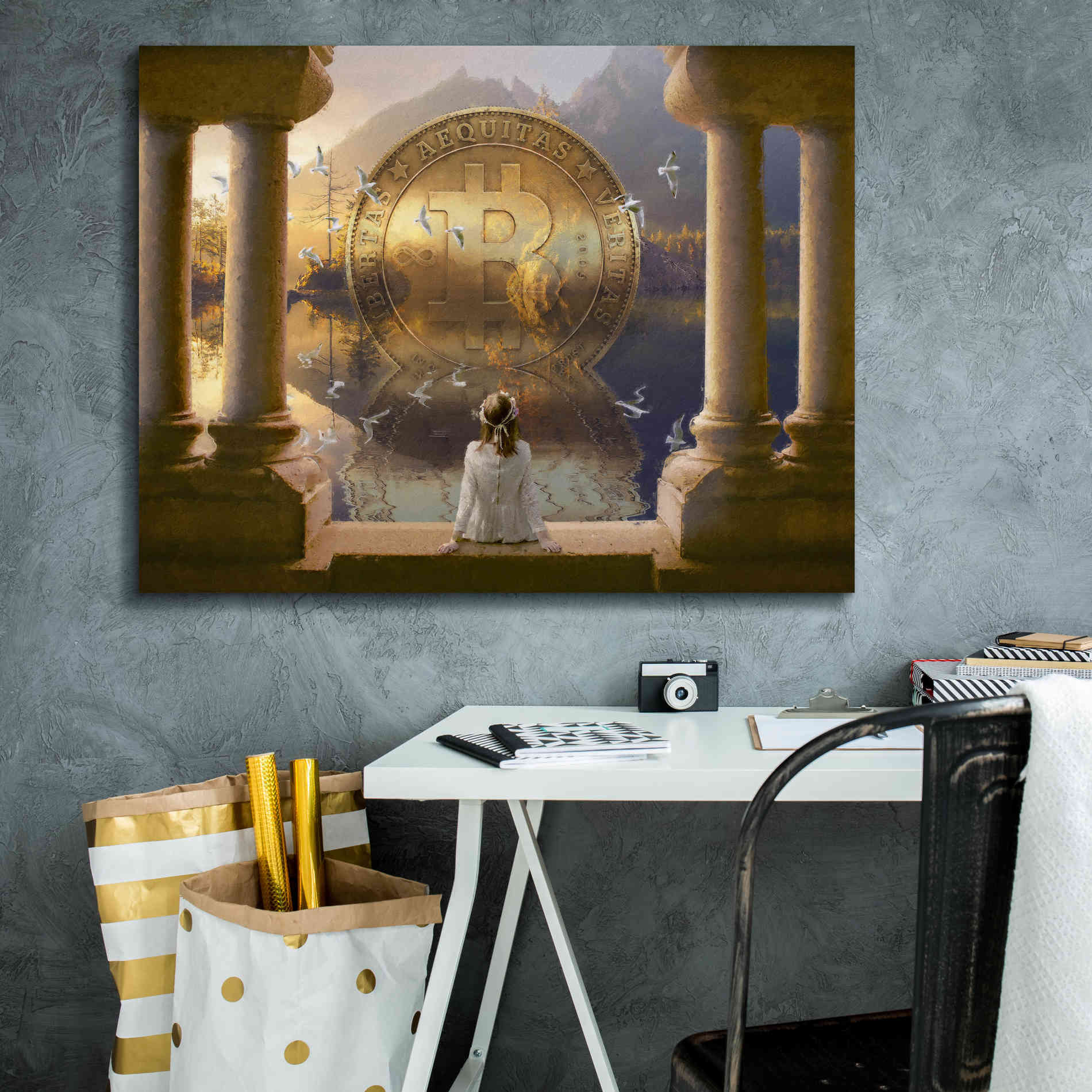 'Bitcoin Deco Three' by Steve Hunziker Giclee Canvas Wall Art,34 x 26
