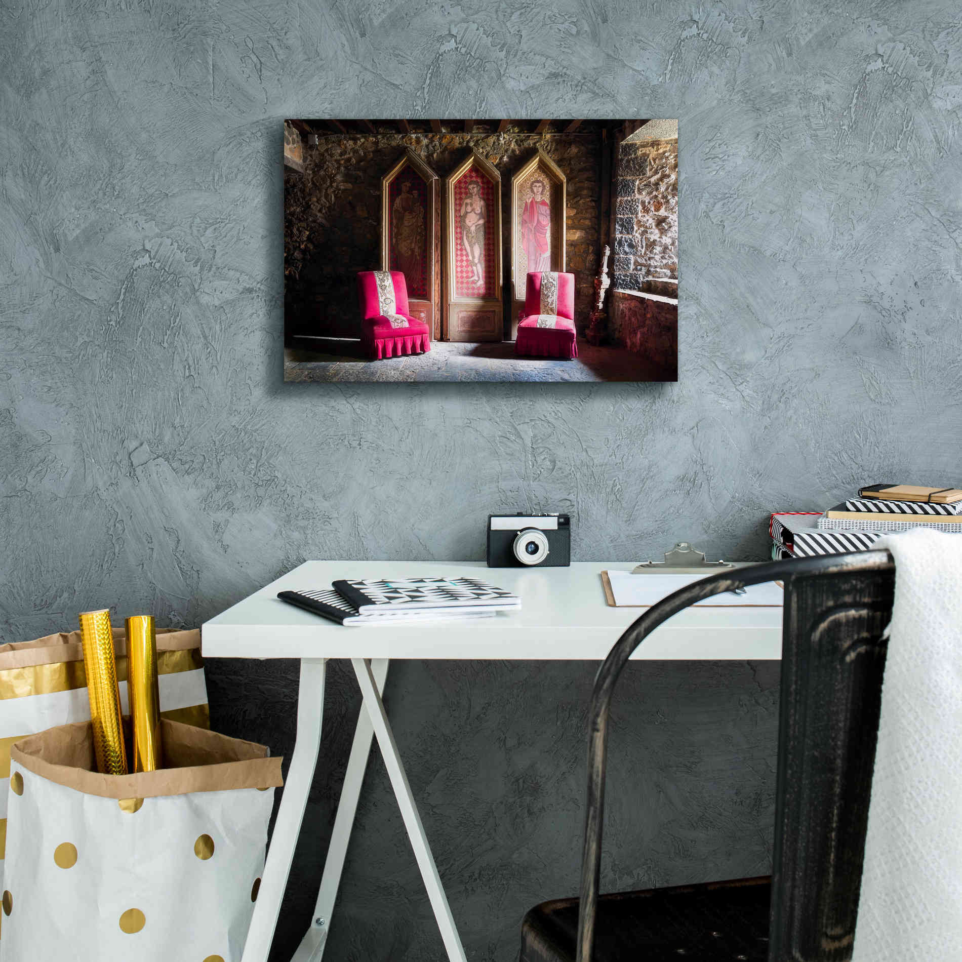 'Colorful Chairs' by Roman Robroek Giclee Canvas Wall Art,18 x 12