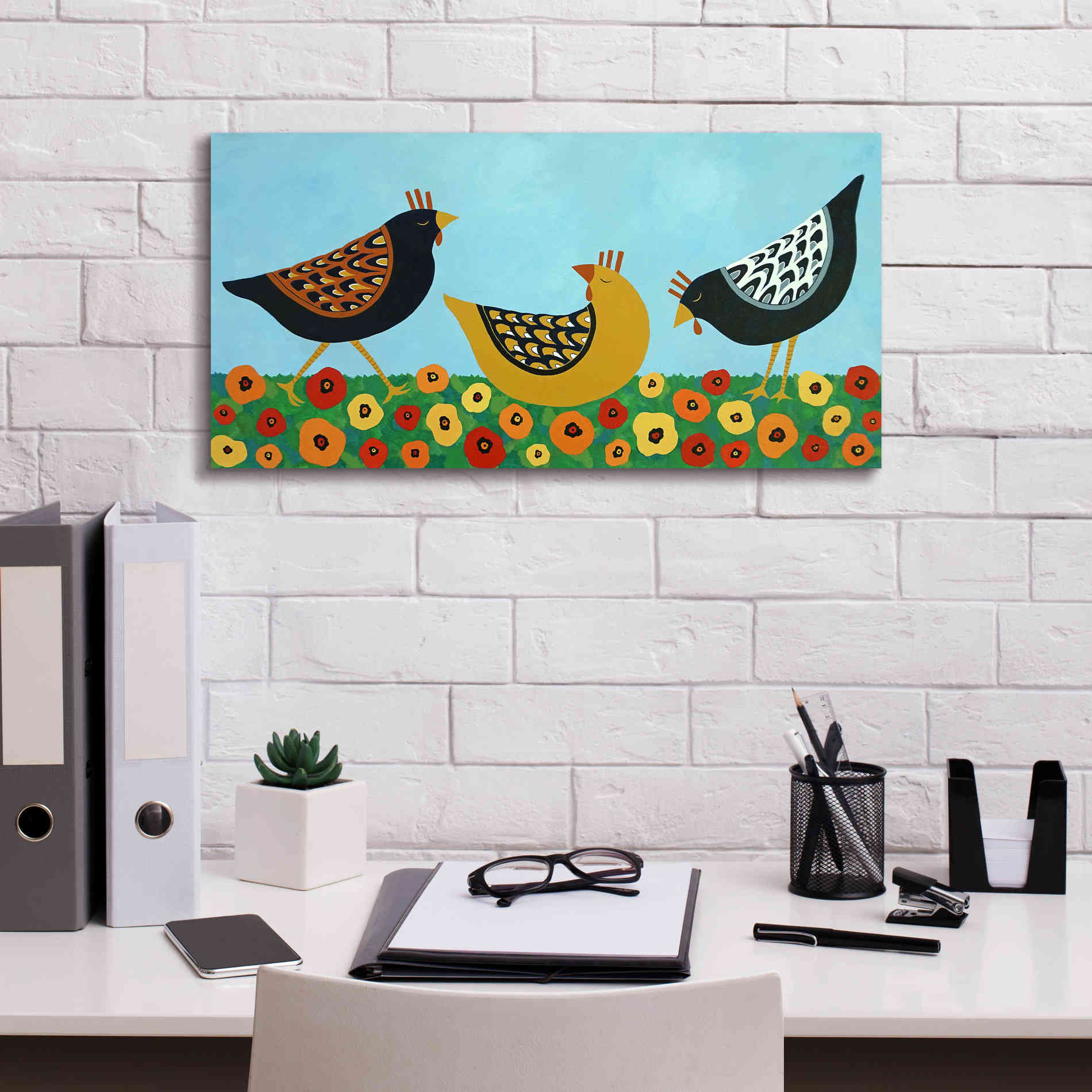 'Hens and Poppies by Casey Craig Giclee Canvas Wall Art,24 x 12