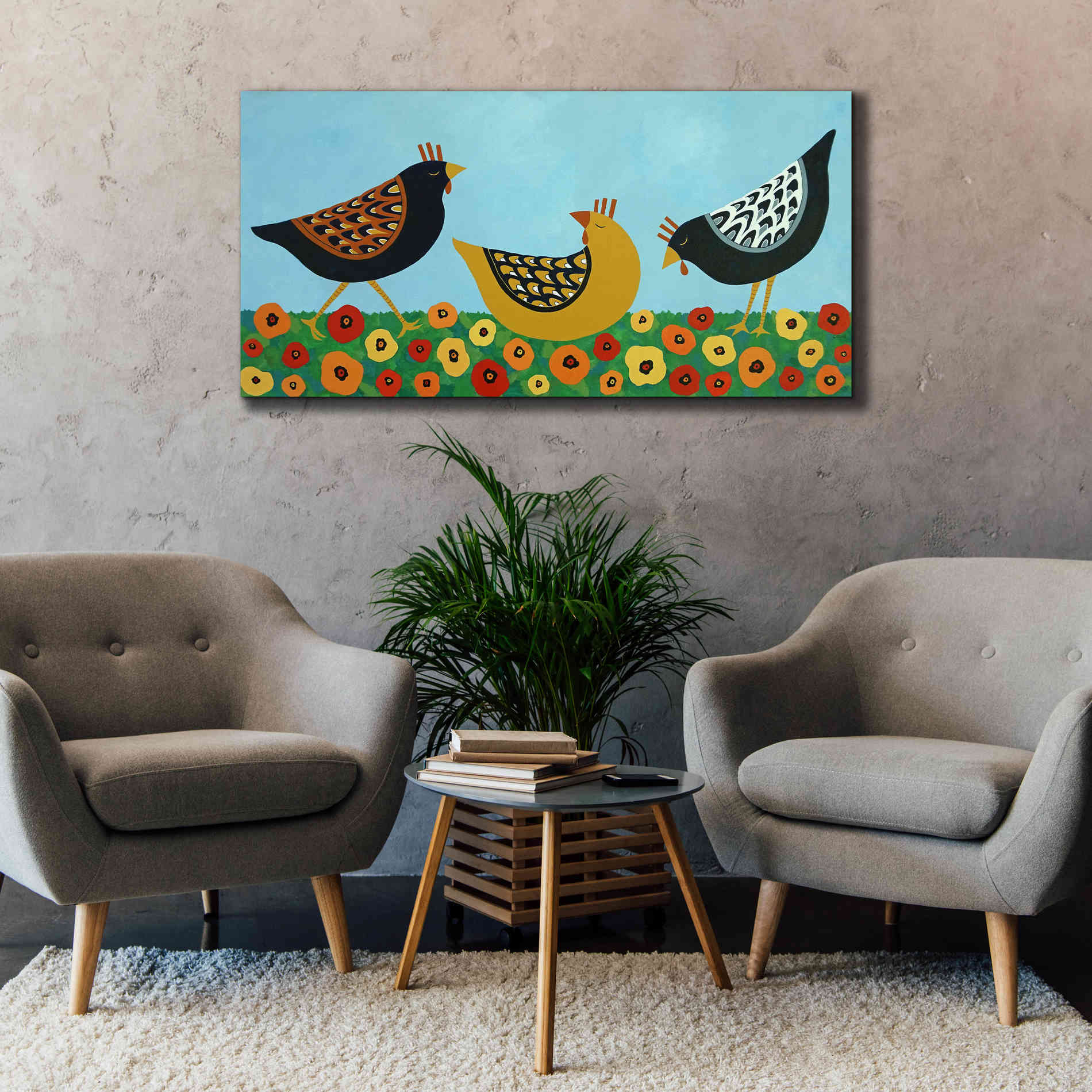 'Hens and Poppies by Casey Craig Giclee Canvas Wall Art,60 x 30