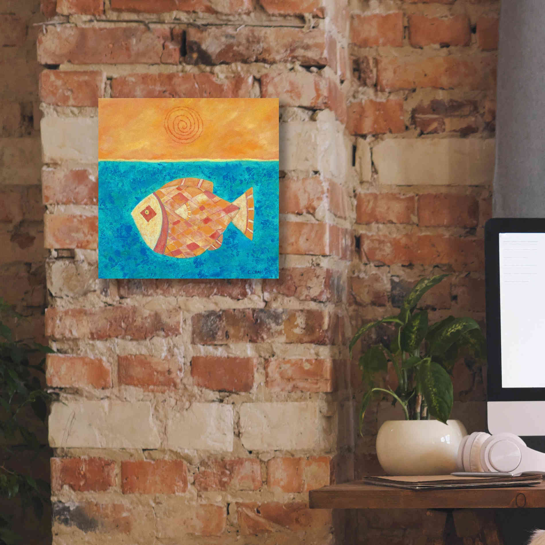 'Fish with Spiral Sun by Casey Craig Giclee Canvas Wall Art,12 x 12