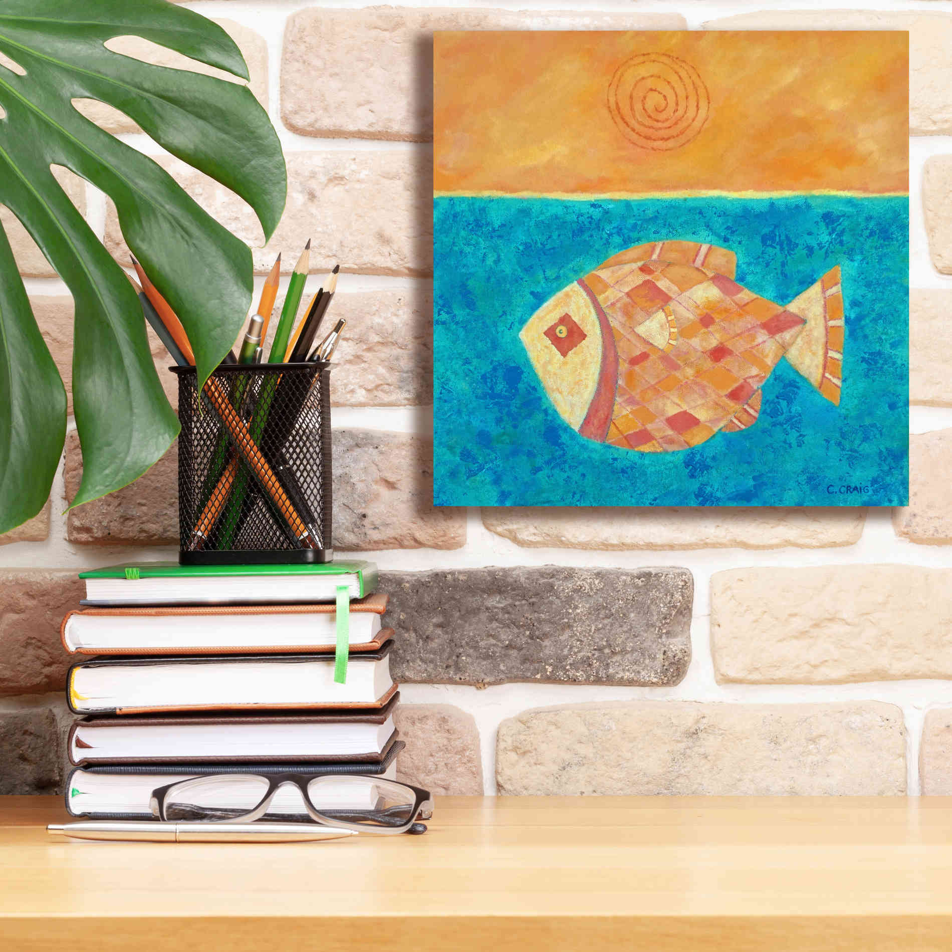 'Fish with Spiral Sun by Casey Craig Giclee Canvas Wall Art,12 x 12
