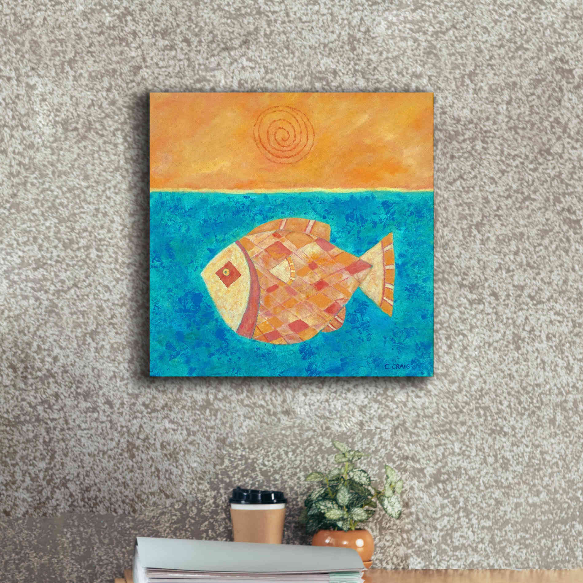 'Fish with Spiral Sun by Casey Craig Giclee Canvas Wall Art,18 x 18