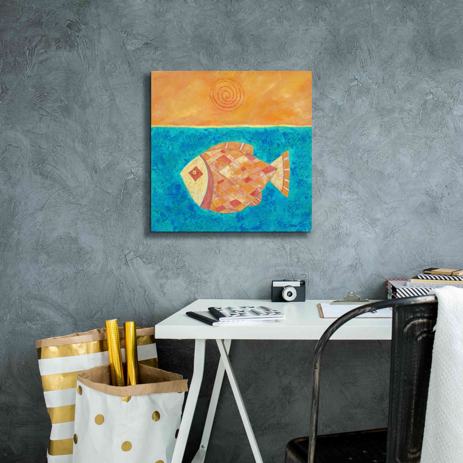 'Fish with Spiral Sun by Casey Craig Giclee Canvas Wall Art,18 x 18