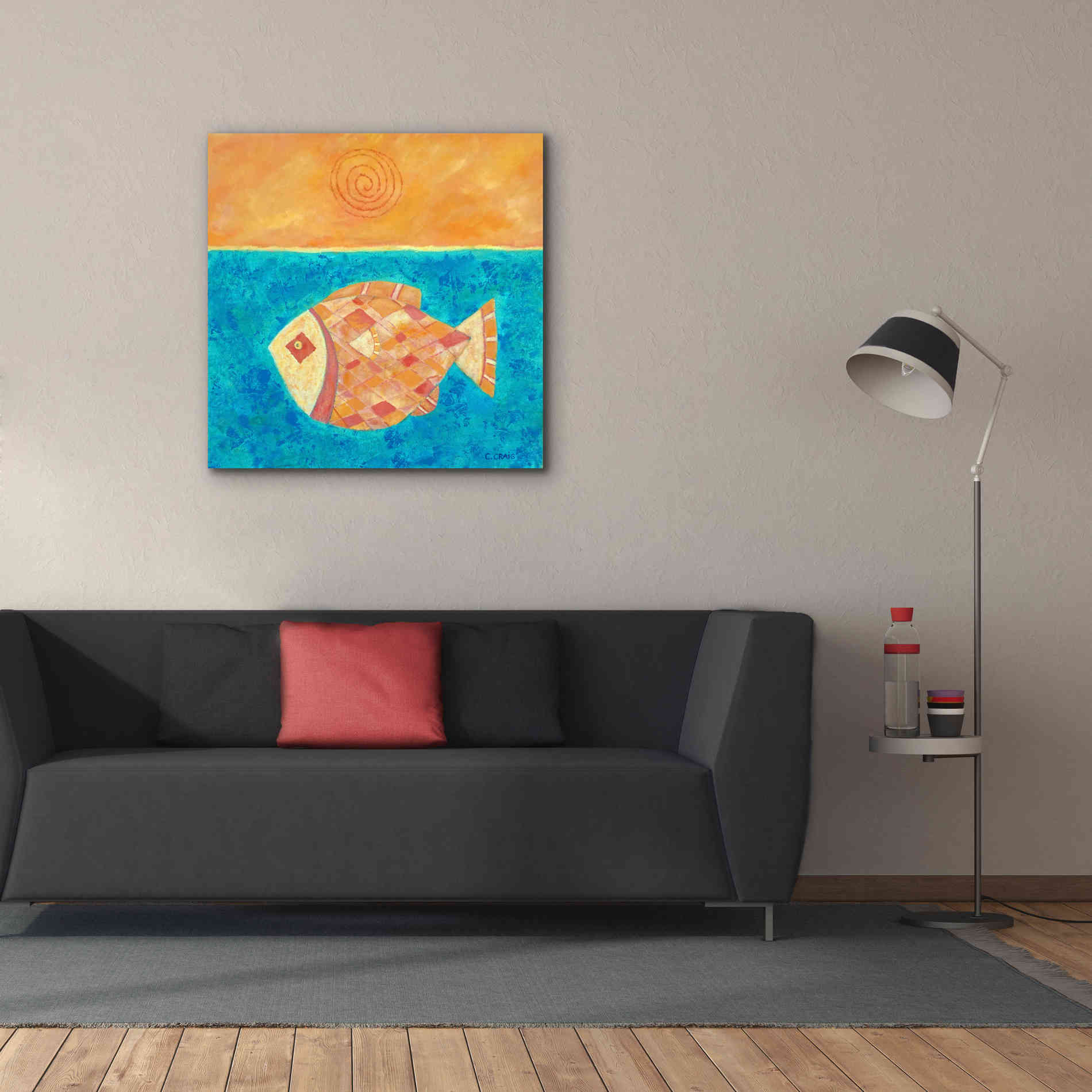 'Fish with Spiral Sun by Casey Craig Giclee Canvas Wall Art,37 x 37
