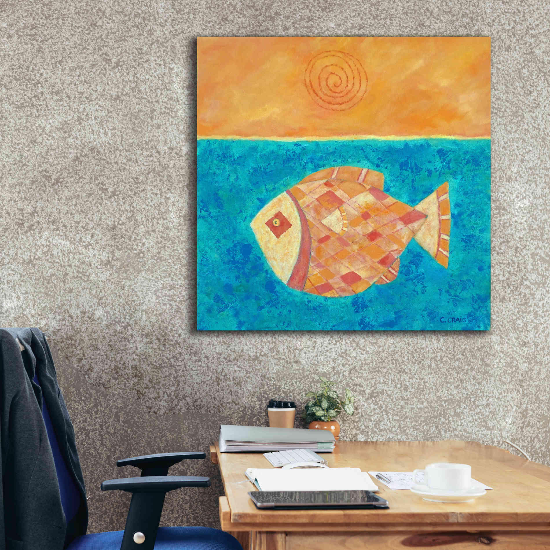 'Fish with Spiral Sun by Casey Craig Giclee Canvas Wall Art,37 x 37