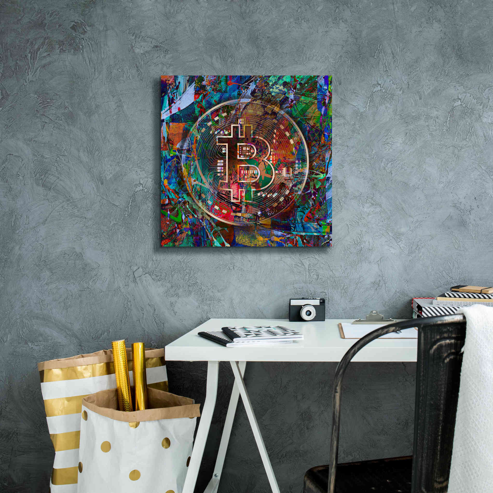 Epic Graffiti'Bitcoin Bronze Abstract' by Epic Portfolio Giclee Canvas Wall Art,18 x 18