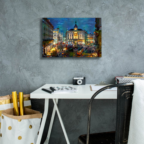 Image of 'Milan Italy Piazza Cardusio Night' by Pedro Gavidia, Canvas Wall Art,18 x 12