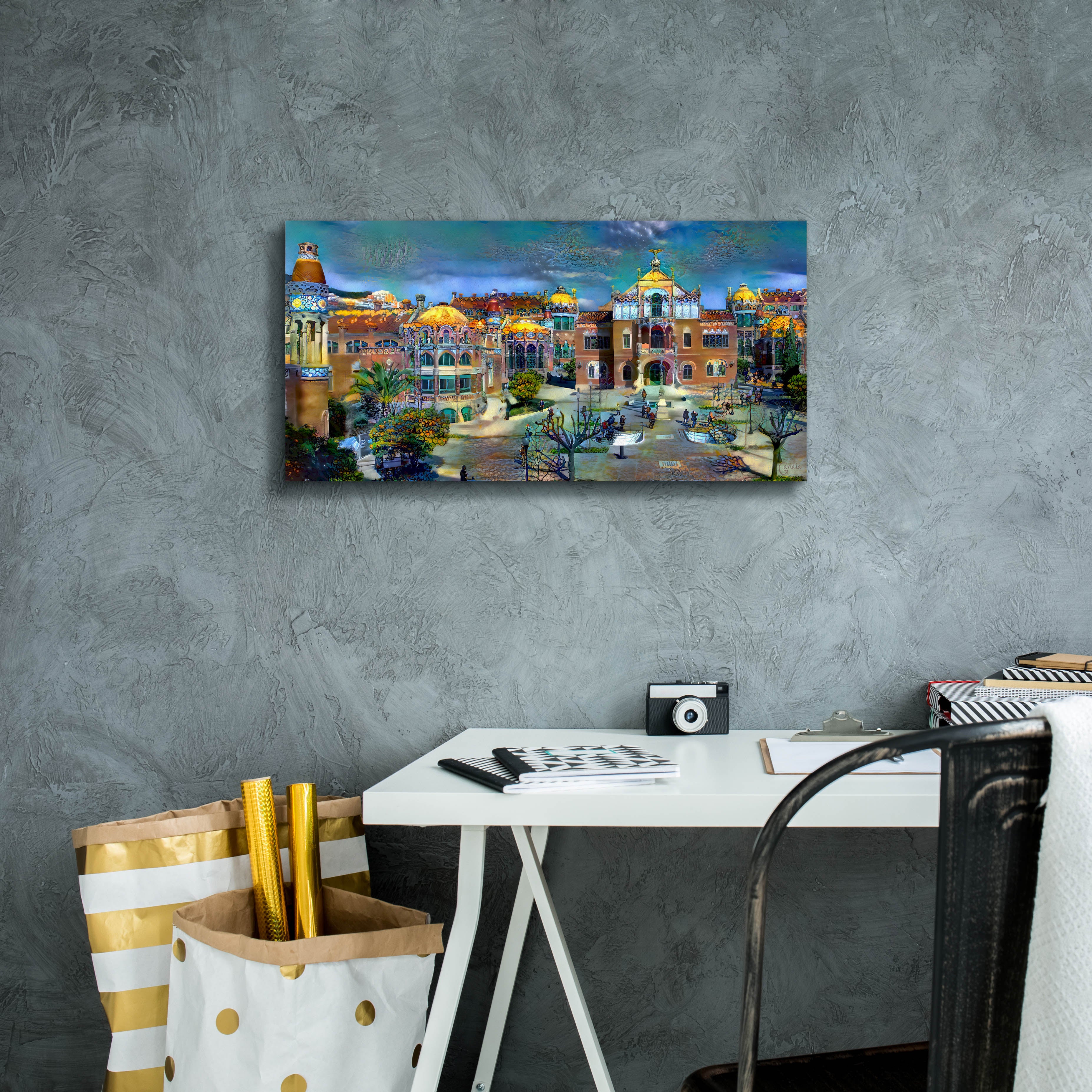 'Barcelona Spain Sant Pau Hospital and Palau de la Musica' by Pedro Gavidia, Canvas Wall Art,24 x 12