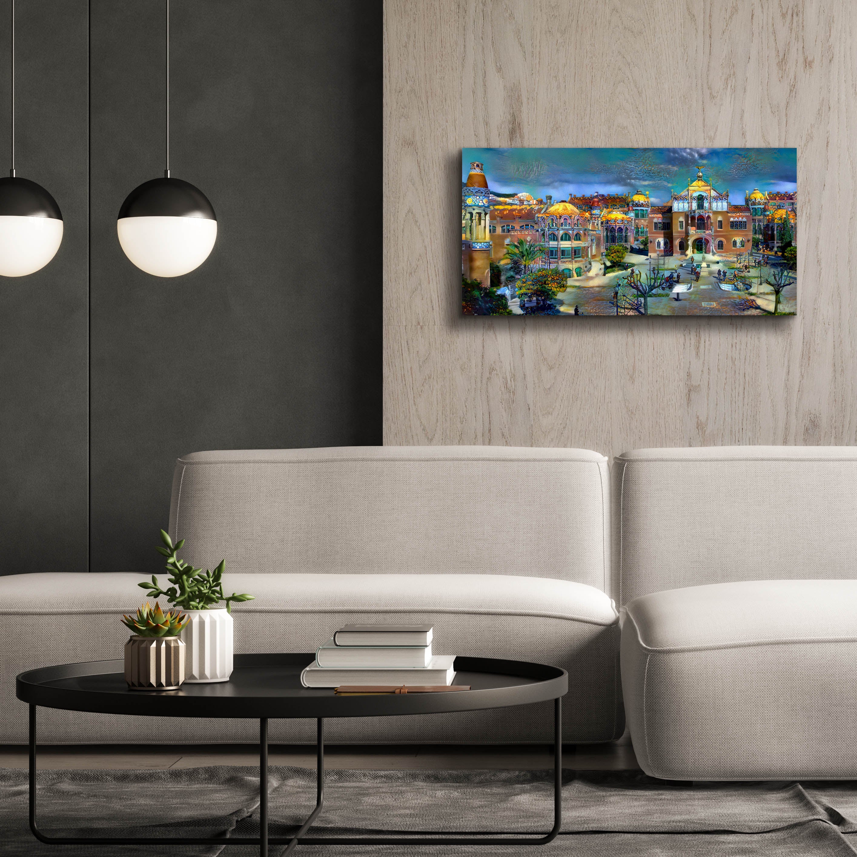 'Barcelona Spain Sant Pau Hospital and Palau de la Musica' by Pedro Gavidia, Canvas Wall Art,40 x 20