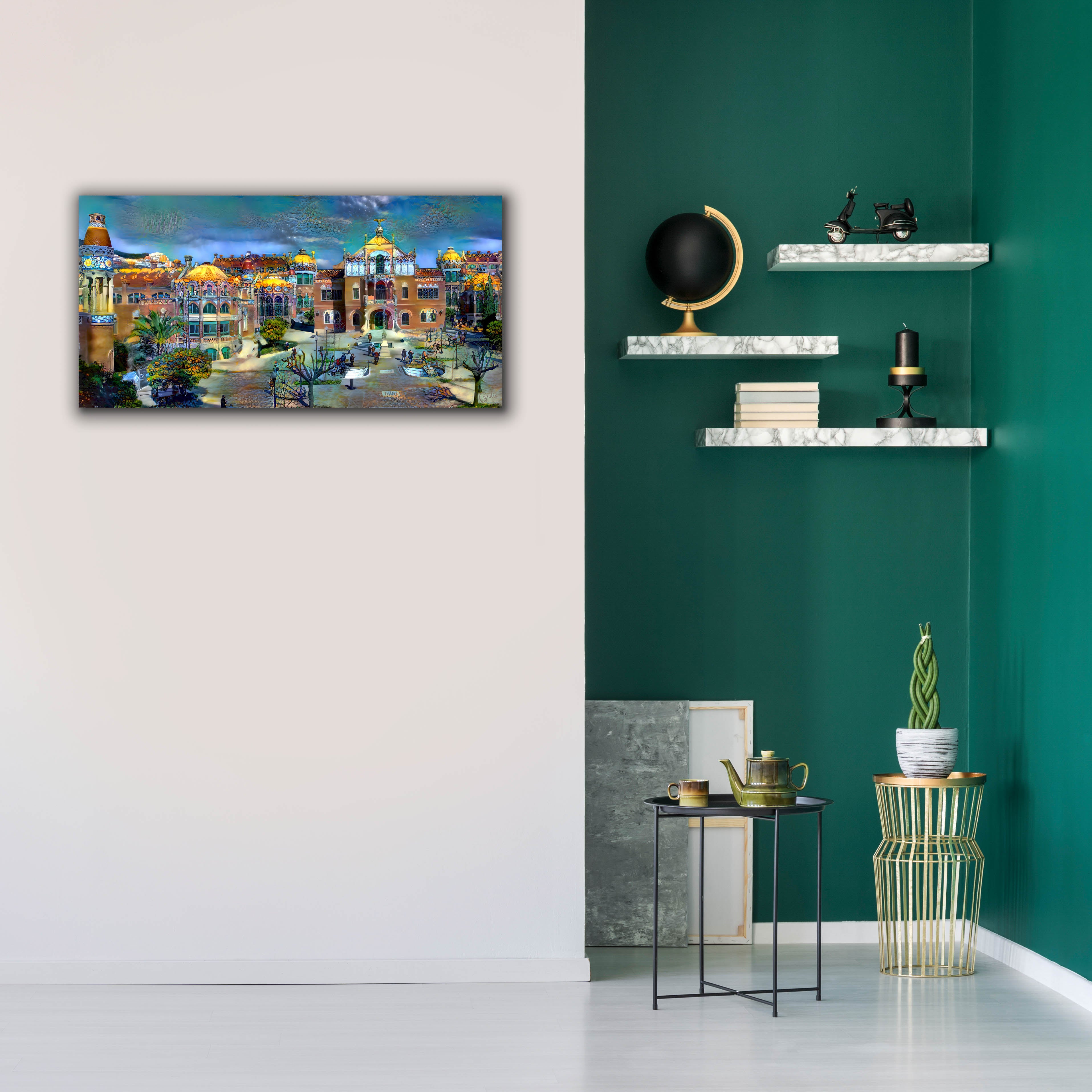 'Barcelona Spain Sant Pau Hospital and Palau de la Musica' by Pedro Gavidia, Canvas Wall Art,40 x 20