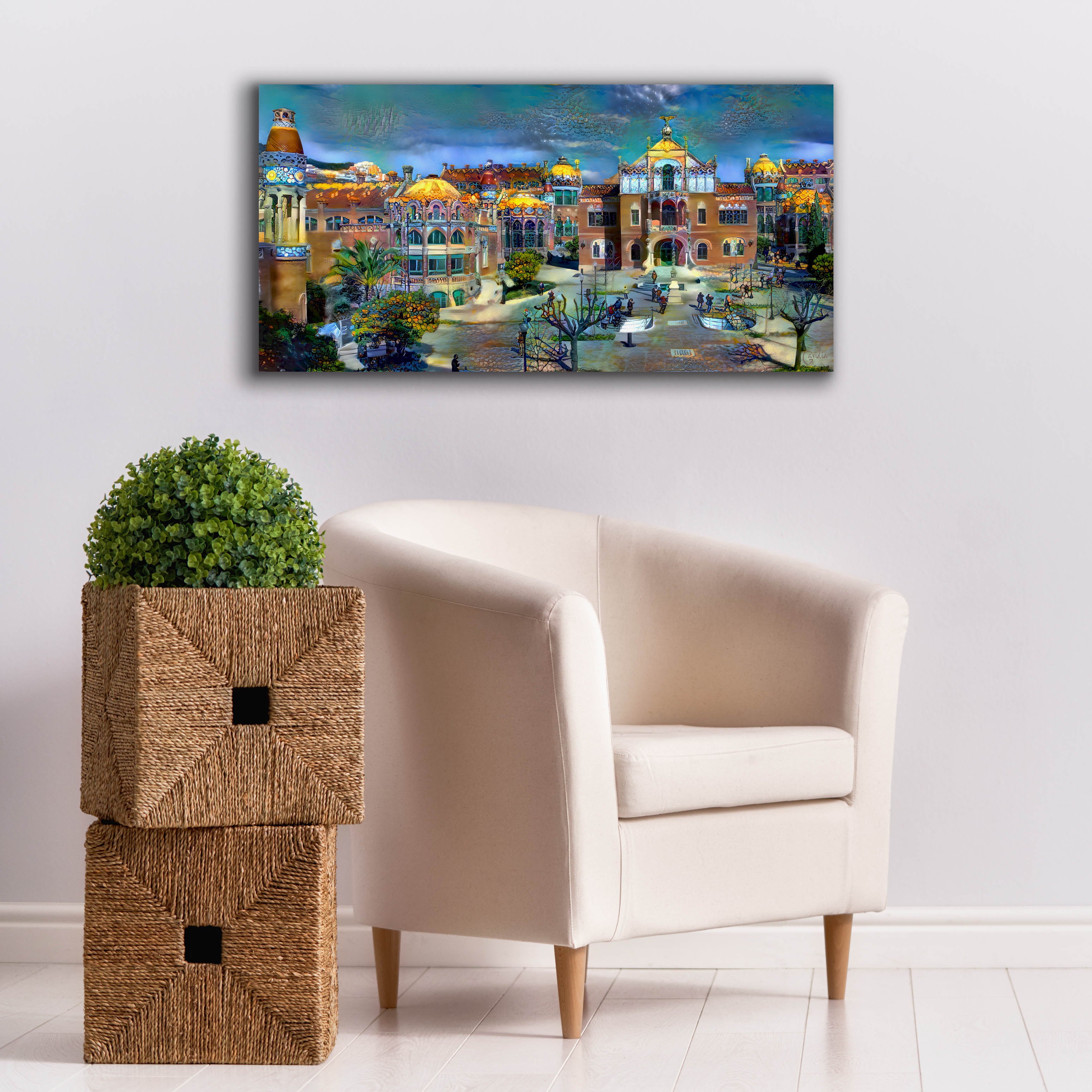 'Barcelona Spain Sant Pau Hospital and Palau de la Musica' by Pedro Gavidia, Canvas Wall Art,40 x 20