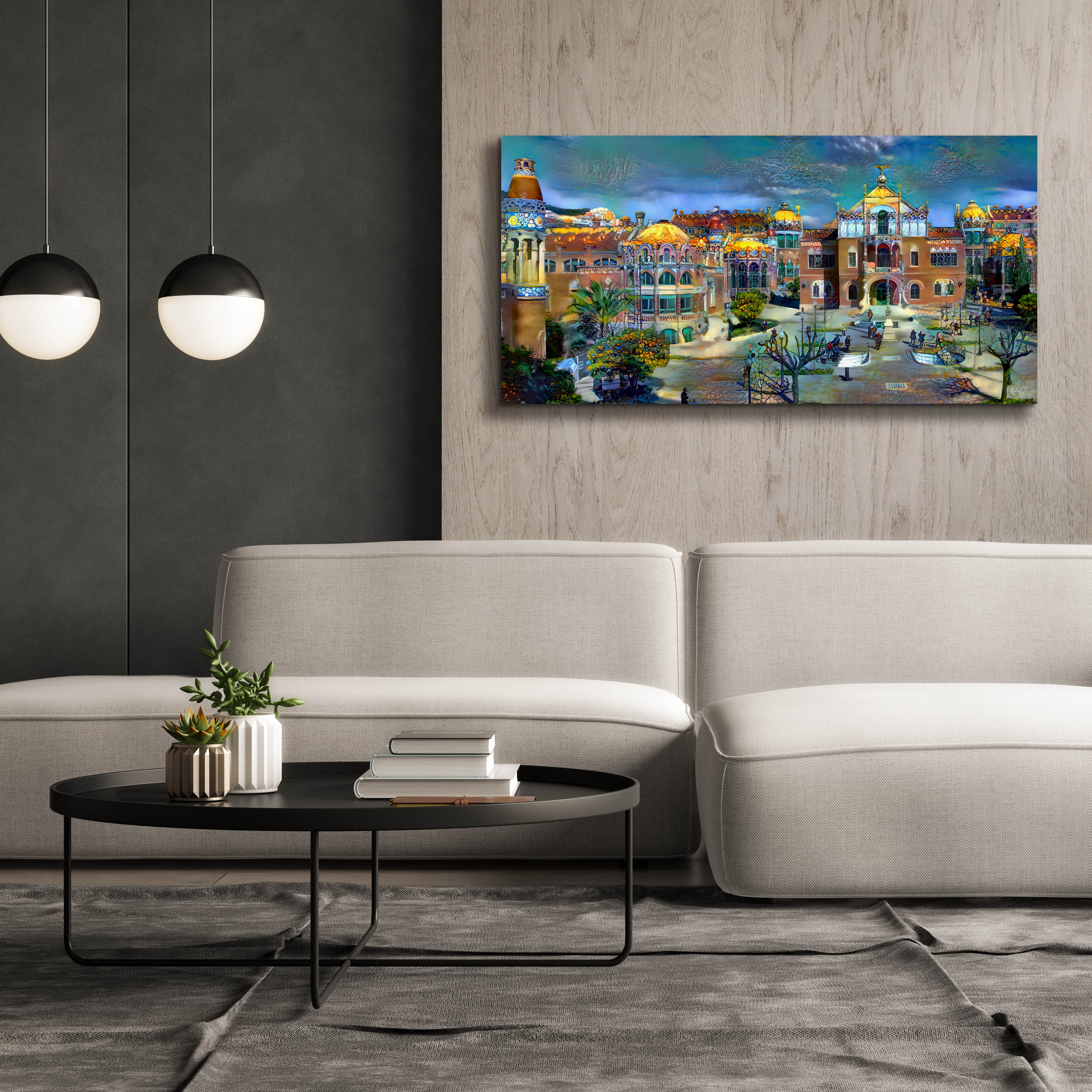 'Barcelona Spain Sant Pau Hospital and Palau de la Musica' by Pedro Gavidia, Canvas Wall Art,60 x 30