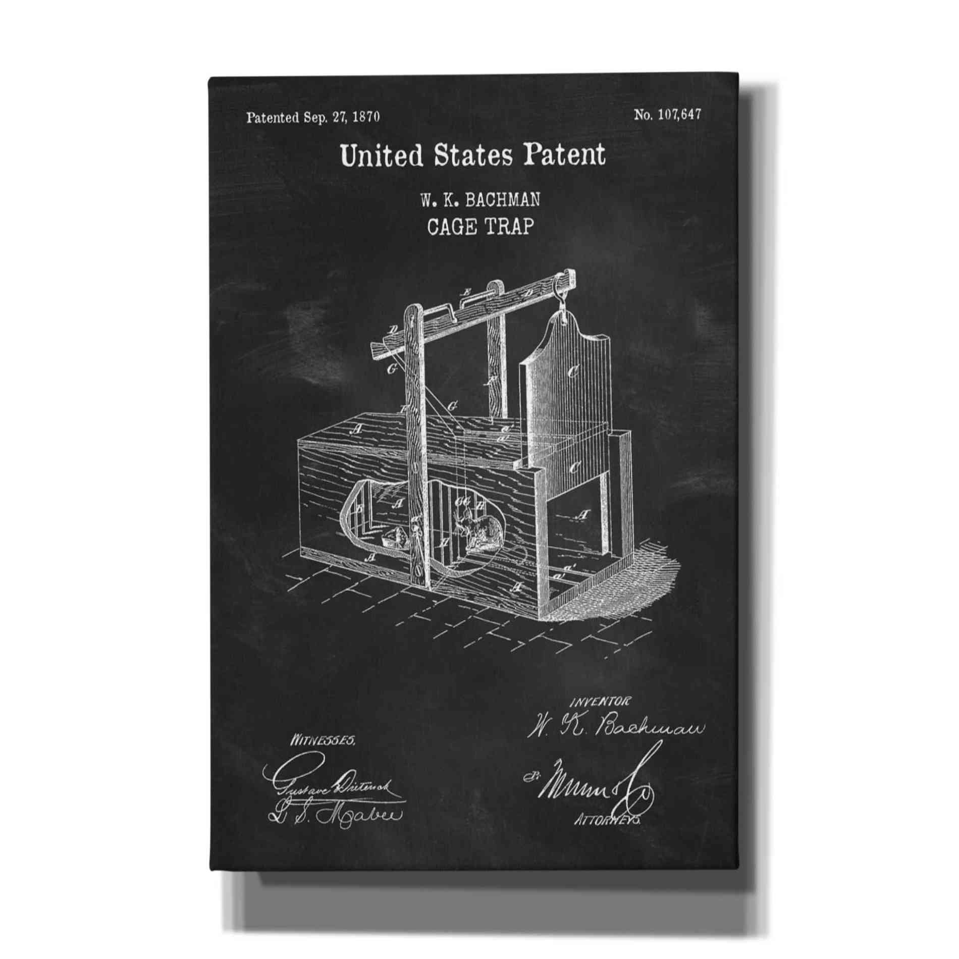 'Cage Trap Blueprint Patent Chalkboard,' Canvas Wall Art