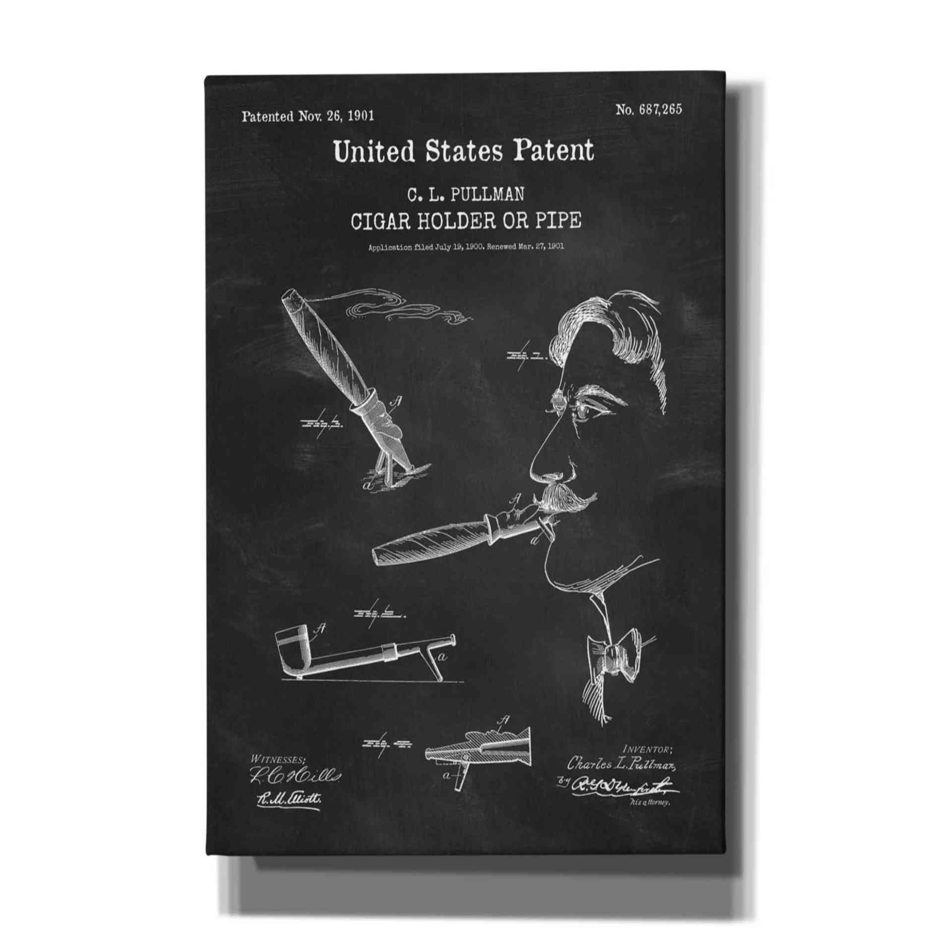 'Cigar Holder Blueprint Patent Chalkboard,' Canvas Wall Art