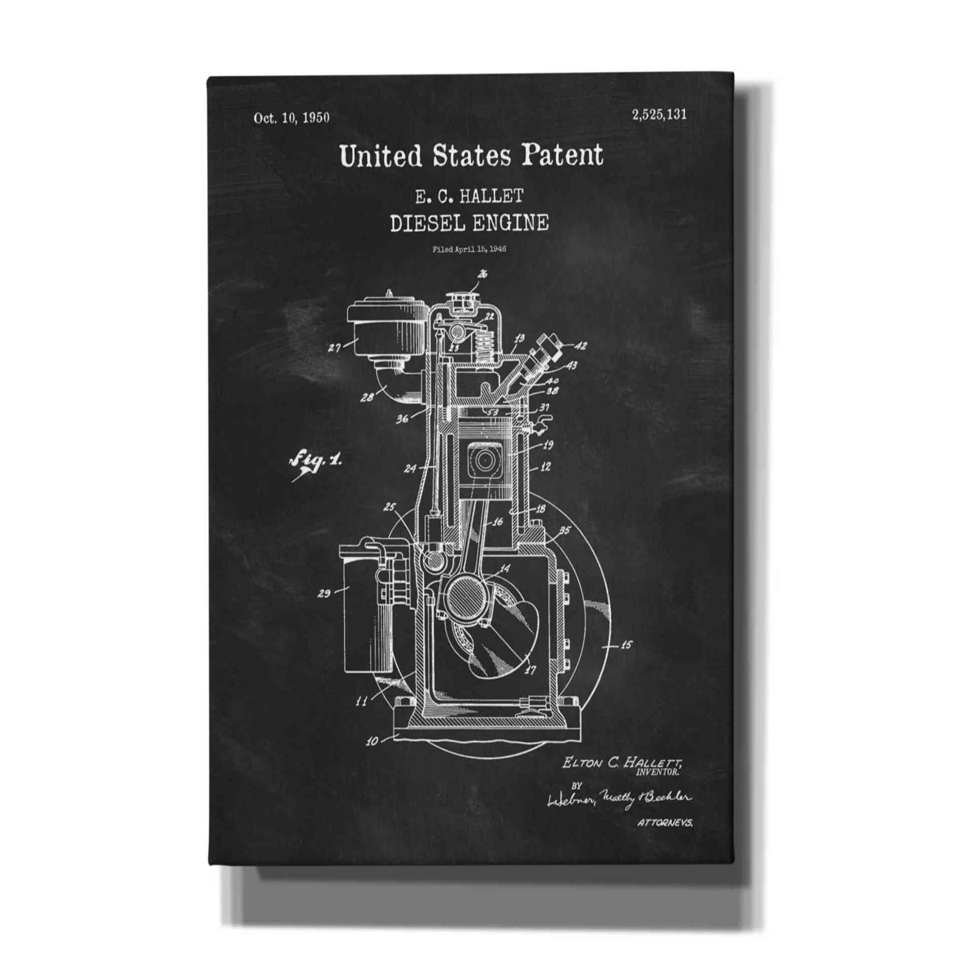 'Diesel Engine Blueprint Patent Chalkboard,' Canvas Wall Art