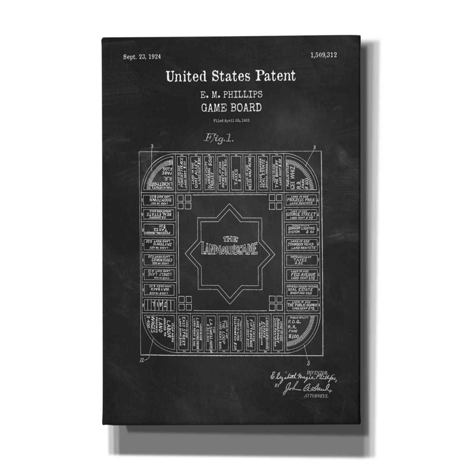 'Game Board Blueprint Patent Chalkboard,' Canvas Wall Art