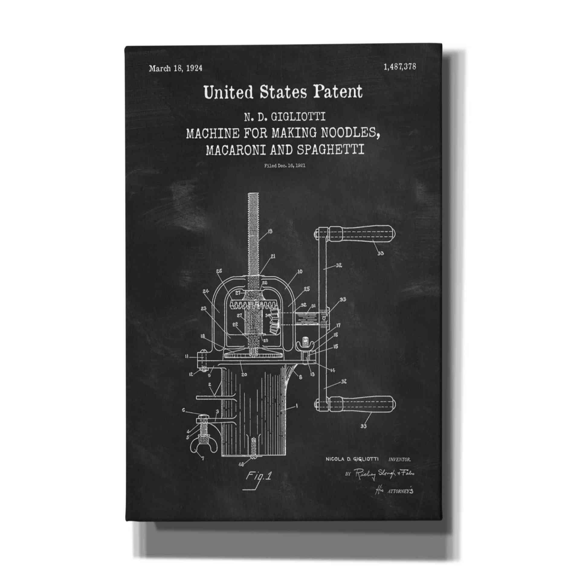 'Noodle Maker Blueprint Patent Chalkboard,' Canvas Wall Art