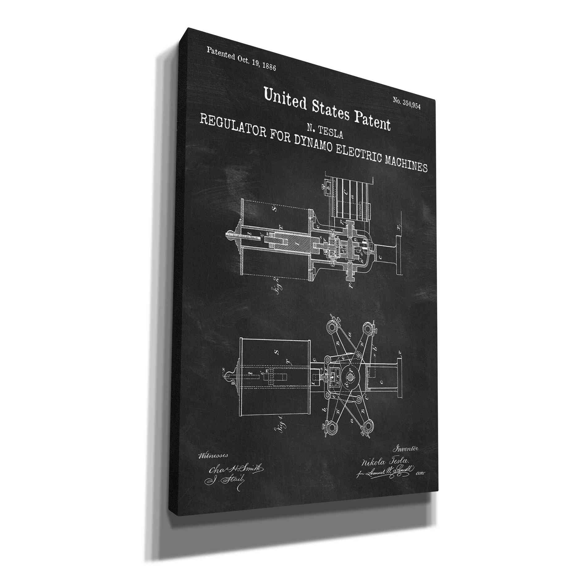'Tesla's Regulator for Electric Machines Blueprint Patent Chalkboard,' Canvas Wall Art