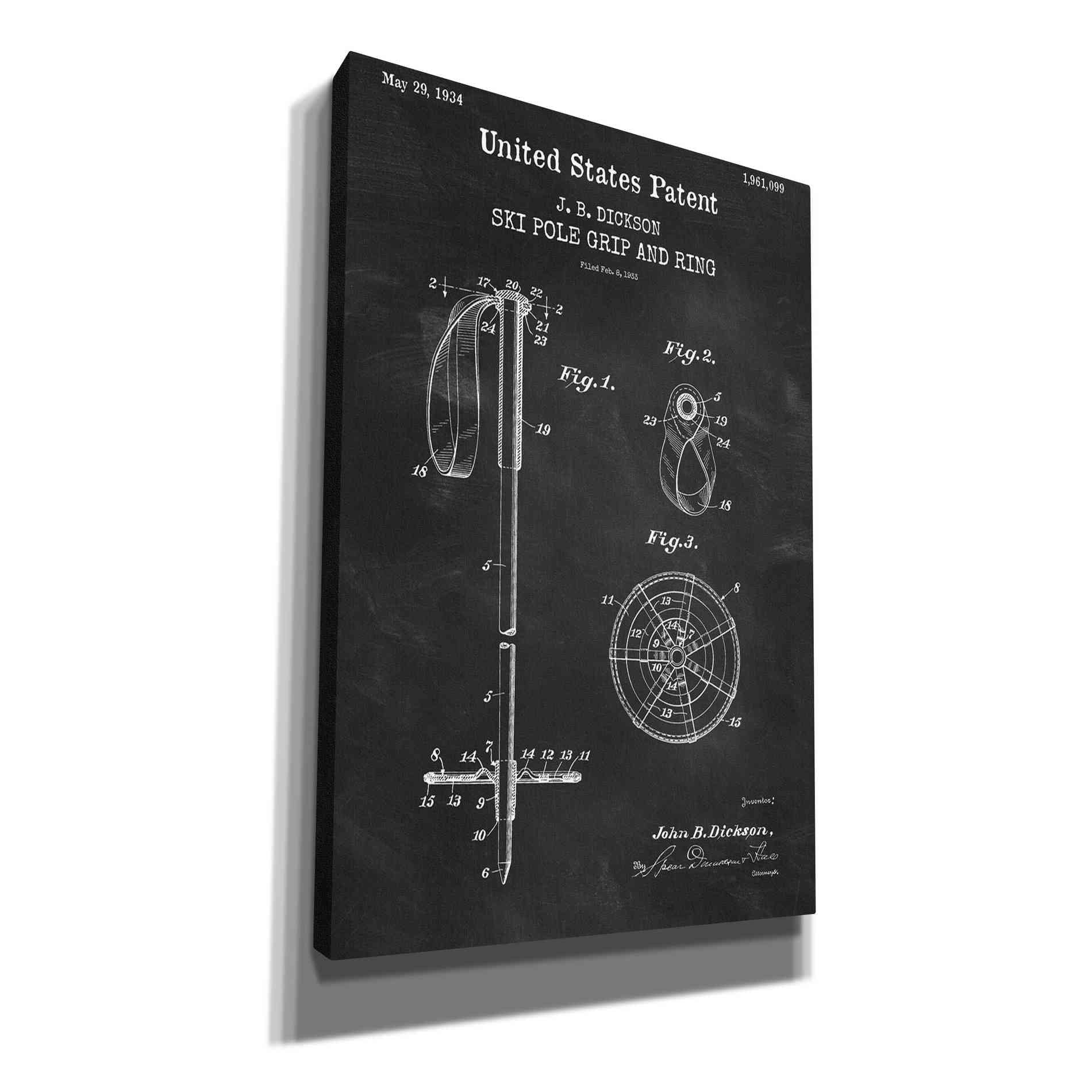 'Ski Pole Grip and Ring Blueprint Patent Chalkboard,' Canvas Wall Art