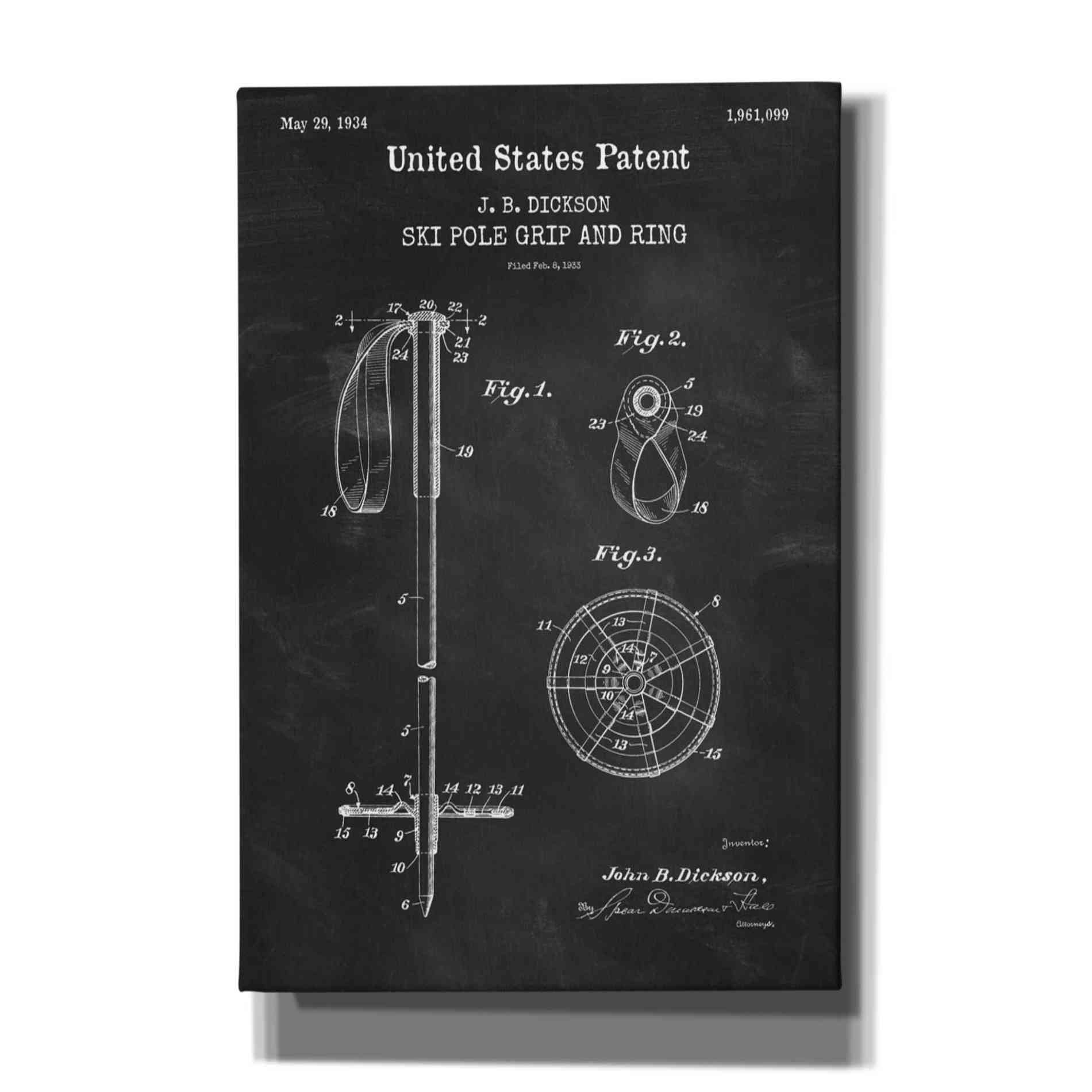 'Ski Pole Grip and Ring Blueprint Patent Chalkboard,' Canvas Wall Art